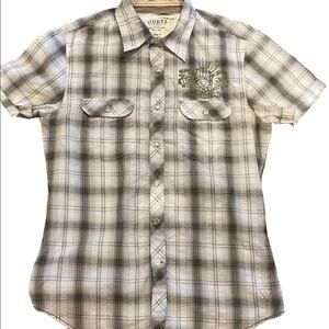 Vintage Guess Mens Size Small Olive and White Pearl Snap Short Sleeve Shirt
